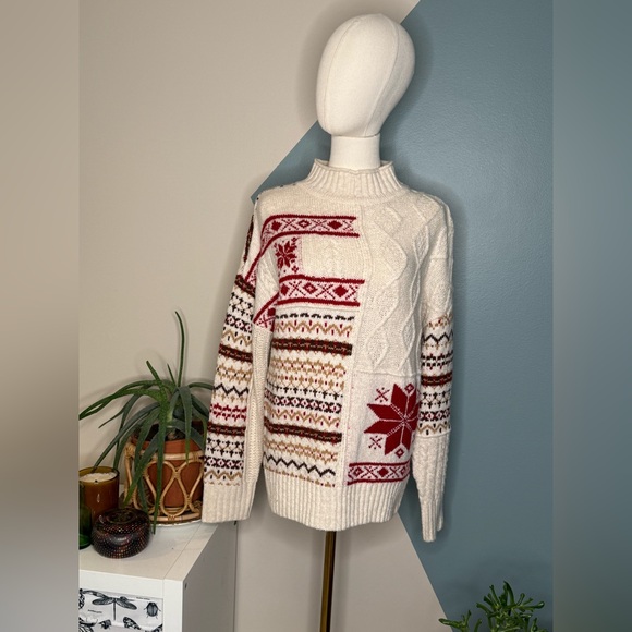 American Eagle Patchwork Fair Isle Sweater Nordic Cable Knit Cream Red Pullover - Picture 2 of 10